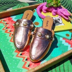 Qupid metallic rose gold & pearl slip on backless loafers